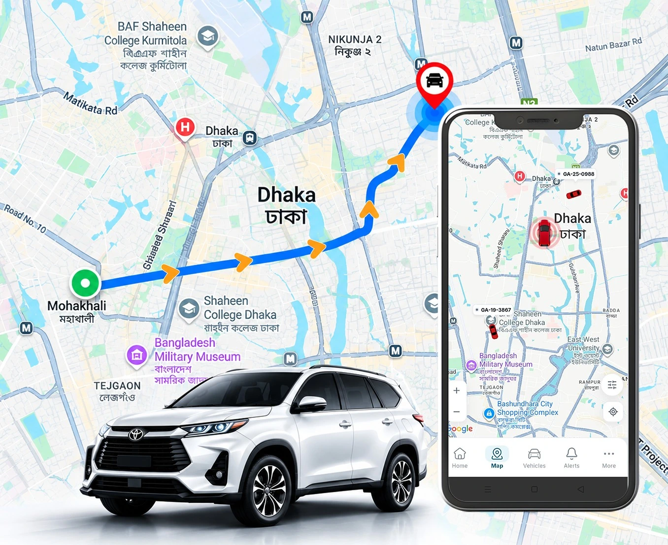 TrackPro GPS tracker device with a live map phone surrounded by every vehicle type — motorbike, car, van and truck