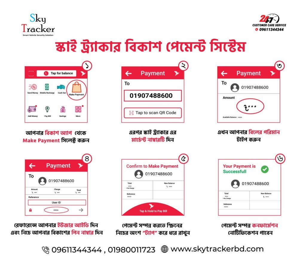 বিকাশ অ্যাপে Sky Tracker মার্চেন্ট পেমেন্ট করার নমুনা স্ক্রিন